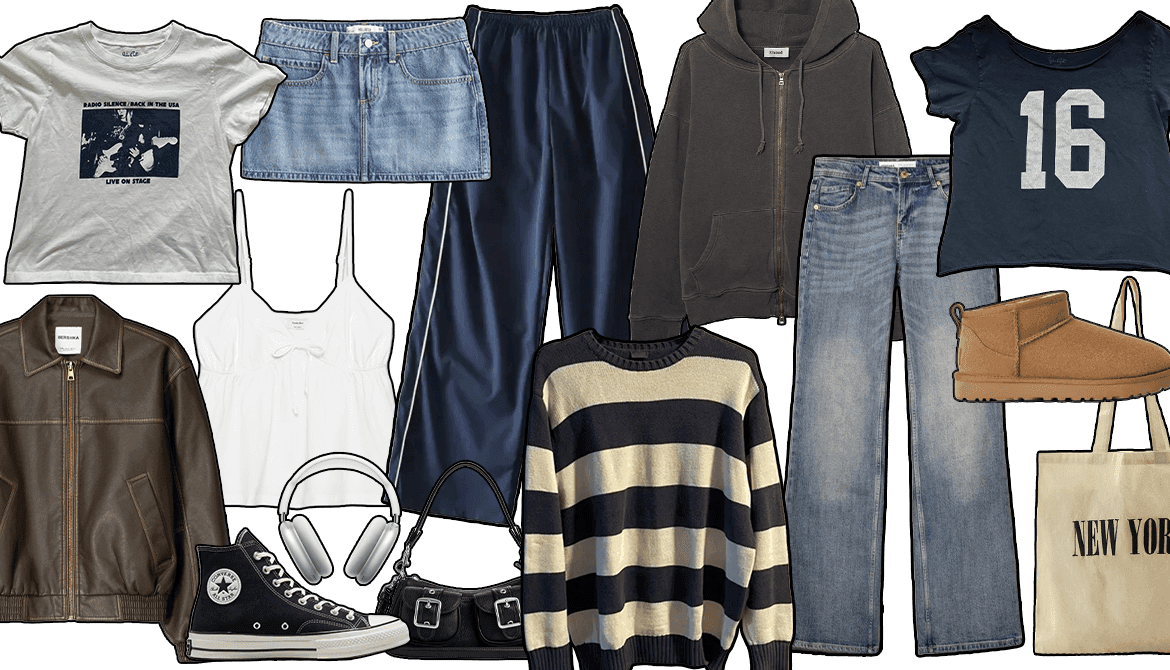 A collage of Downtown Girl pieces: a brown leather jacket, graphic baby tees, a denim mini skirt, faded jeans, a striped sweater, Converse sneakers, headphones, and a New York tote bag