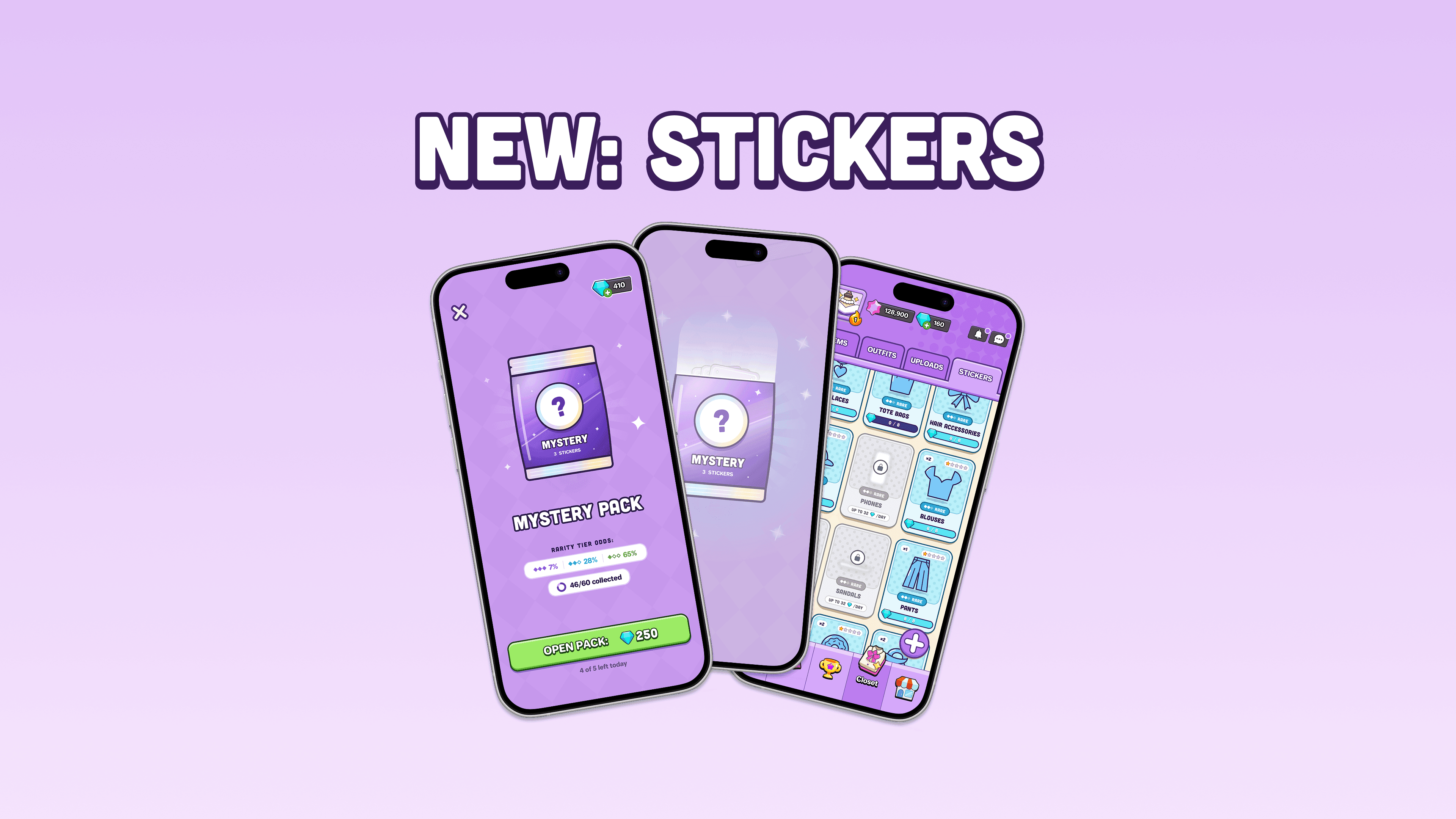 New: Stickers. Three phones showing a Closet Clash Mystery Pack, a pack being opened, and the Stickers tab of the closet