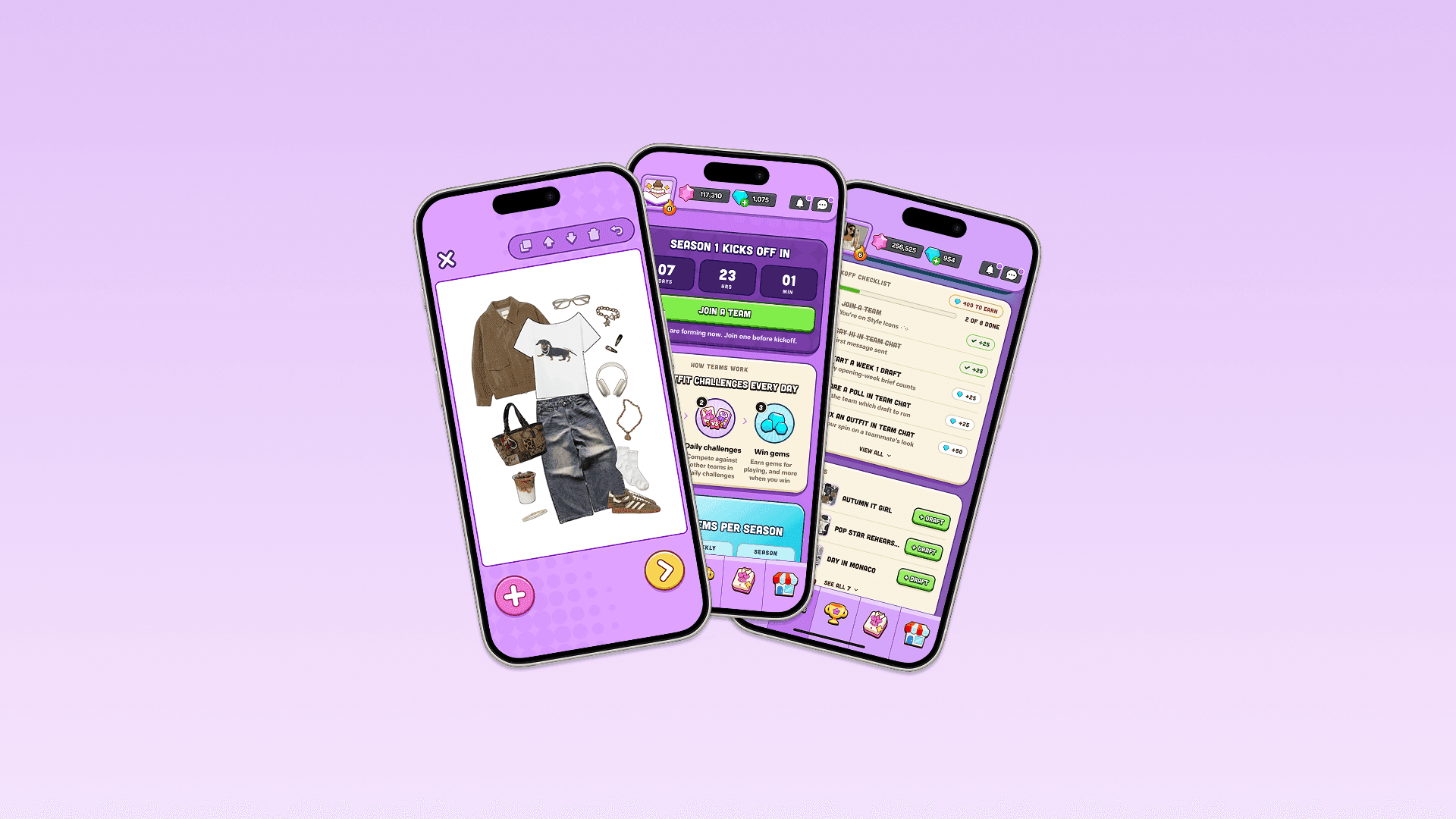 Introducing Teams: three phones showing the Closet Clash outfit builder, the Season 1 countdown, and the team challenge list