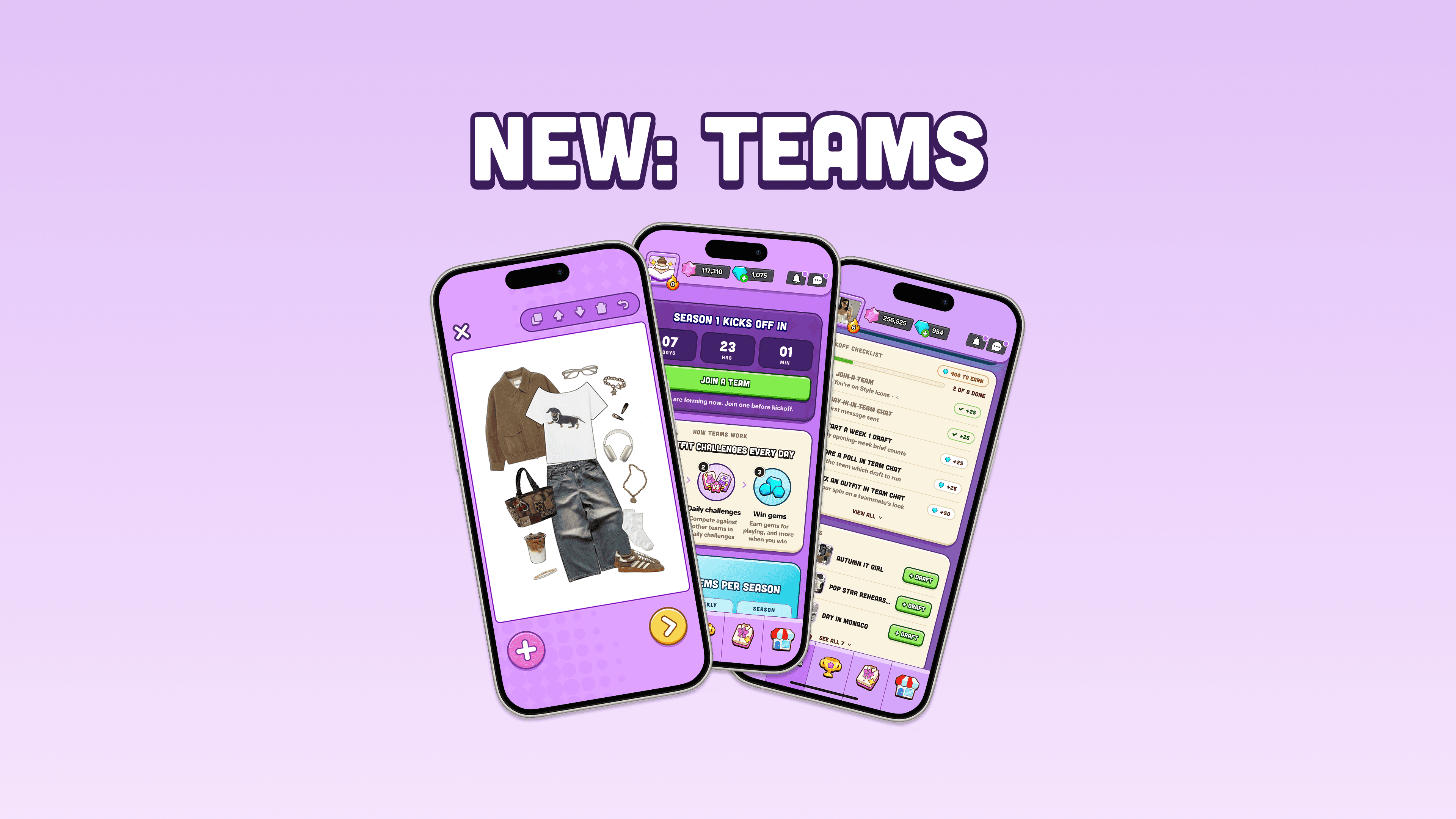 Introducing Teams: three phones showing the Closet Clash outfit builder, the Season 1 countdown, and the team challenge list